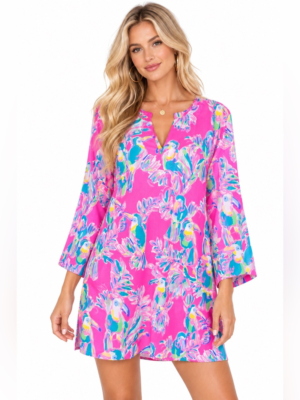 Lilly Pulitzer Pink Dragonfruit Toucan Can Tunic Tropical Print Preppy Coastal - Picture 1 of 11